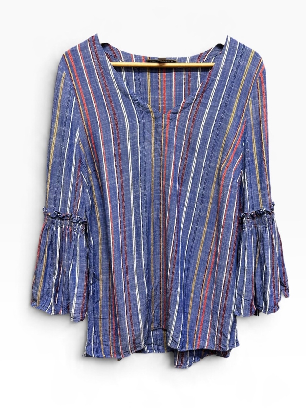 Hilary Radley Katherine Barclay Blue Striped Top Blouse Long Bell Sleeve Size L
